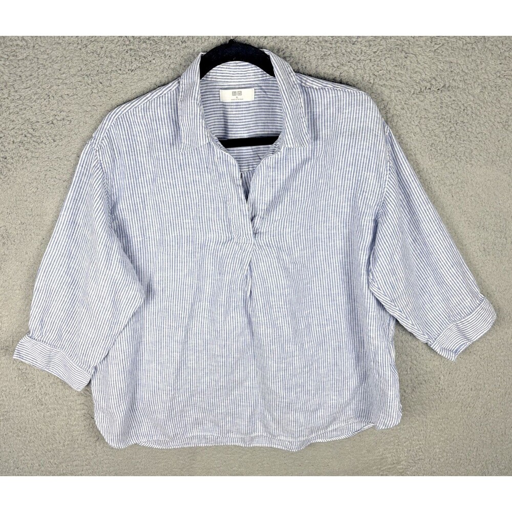 Uniqlo Women’s Premium Linen Skipper Collar 3/4 Sleeve Shirt Blue Stripe Size XL